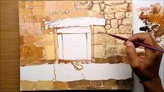 Painting stone wall of old house Acrylic Landscape Painting on Canvas for Beginners [upl. by Eceirahs]