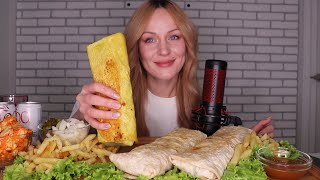 MUKBANG  Три домашних шаурмы с креветками курицей говядиной  Shawarma Rolls  не ASMR [upl. by Cirilla]