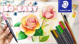 HOW TO USE WATERCOLOR BRUSH PENS beginner watercolor brush pens tutorial  STAEDTLER BRUSH PEN [upl. by Marysa]