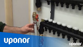 Installation uppfyllning och avluftning av Uponor Pro 1 QampE golvvärmefördelare i fördelarskåp [upl. by Nance440]