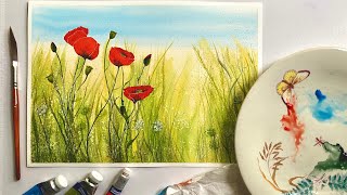 Paint Beautiful BEGINNERS POPPIES Flowers Watercolor Landscape Painting Watercolour Tutorial DEMO [upl. by Rebna51]