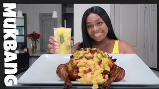 MUKBANG WHOLE ROTISSERIE CHICKEN STUFFED WITH MACARONI AND CHEESE [upl. by Ailsun545]