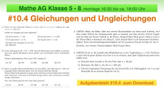 42  Mathe AG 5 bis 8  104 Gleichungen und Ungleichungen  Mathe Olympiade  Känguru Wettbewerb [upl. by Jareb298]