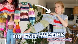 knitting a sweater for the first time  DIY EASY KNIT SWEATER with NO PATTERN [upl. by Allecram776]