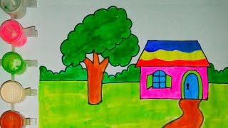 House Scenery Drawing 🏡🏡 Ghar ka Chitra🏠 Easy to drawing and Painting [upl. by Nemzzaj]