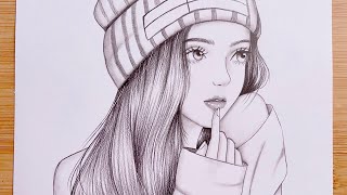 Easy step by step drawing tutorial  A girl wearing a winter hat  Pencil Sketch for beginners [upl. by Eadahc]