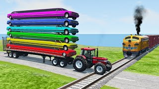 Double Flatbed Trailer Truck vs Speedbumps Train vs Cars  Tractor vs Train BeamngDrive 050 [upl. by Yeldar]