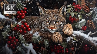 Winter Ambience  4K TV Art  Baby Lynx  Christmas Painting Screensaver [upl. by Inacana]