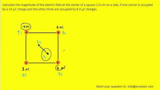 calculate the magnitude of the electric field at the center of a square [upl. by Lhamaj]