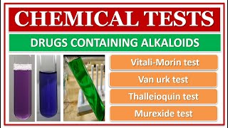 CHEMICAL TESTS  VITALIMORIN TEST  VAN URKS TEST  THALLEIOQUIN TEST  MUREXIDE TEST  ALKALOIDS [upl. by Attekal]