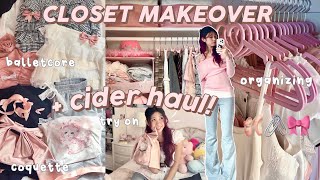 🖇️🎀 CLOSET MAKEOVER ft cider try on haul reorganizing and clean outballetcore coquette [upl. by Aratihc]