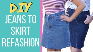 DIY Jeans To Skirt Refashion  How To Sew A Recycle Jeans  Denim Refashion [upl. by Anaibaf]