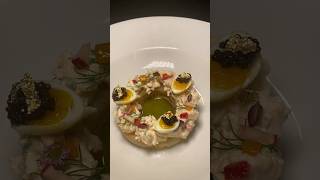 Lobster salad on potato pavé topped with a quail egg with caviar amp gold leaf lobster lobstertails [upl. by Editha66]