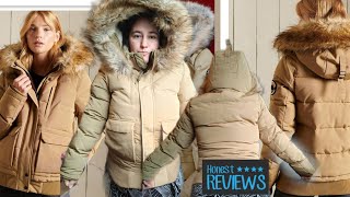 Superdry Faux Fur Everest Padded Bomber Jacket  Camel review from very November 2021 woman winter [upl. by Imis]