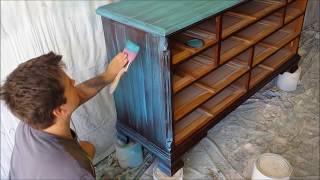 Howto Paint Furniture Makeover Tutorial Turquoise Dry Brush Distressed Paint Blending Technique [upl. by Enimsay]