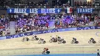 Frances Benjamin Thomas crashing amp winning gold in track cycling mens omnium Paris Olympics 2024 [upl. by Ayikur]