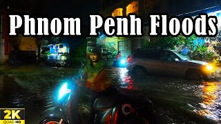 Walking Flooded Street After Heavy Rain at Night in PHNOM PENH City Cambodia night After Rain [upl. by Ambrosane]