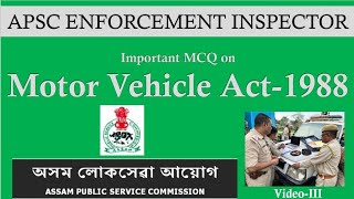 Motor Vehicle Act  MCQ  Enforcement Inspector  APSC  Part 3  Transport Dept apsc mcq jobs [upl. by Annaiv]