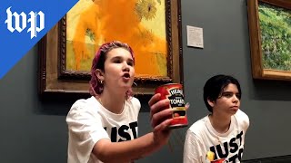 Climate protesters throw soup on Van Gogh painting [upl. by Akined]