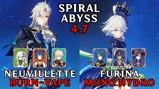 C1 Neuvillette BurnVape and C3 Furina Mono Hydro  47 Spiral Abyss Floor 12 [upl. by Ayyn]