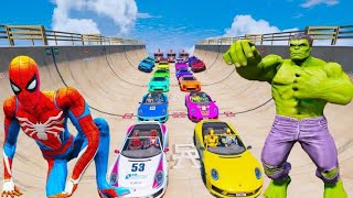 Continuation next Epic challenge jump Ramp Mount Chiliad Spiderman BMW Cars Audi Monster Truck GTA V [upl. by Enerahs]