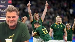 Rassie Erasmus reacts to Springboks beating France in the RWC  Springboks Press Conference [upl. by Ellingston279]