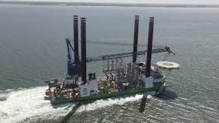 Crane vessel Sea Challenger on the Western Scheldt passes Vlissingen [upl. by Piks]