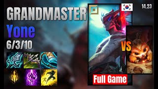 GRANDMASTER Top Yone vs Gnar lol KR solo rank Full Game 1423 [upl. by Ayardna]