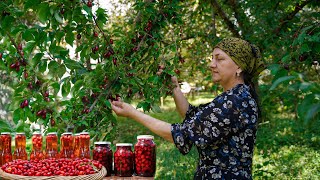 Making cornelian cherry harvest jam and juice in the village  Peasant womans winter preparations [upl. by Aiekal805]