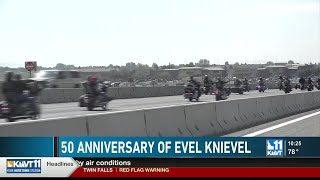 Motorcycle riders gather to celebrate the 50th anniversary of Evel Knievel’s Snake River jump [upl. by Ateekal]