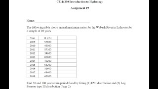 Assignment 19  Flood Frequency Analysis using Extreme Value 1 and Log Pearson Type 3 Distributions [upl. by Federica]