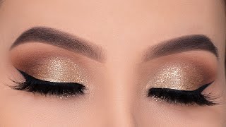 Classic Golden Glitter Eye Makeup Tutorial  Holiday Eye Look [upl. by Stoddard]