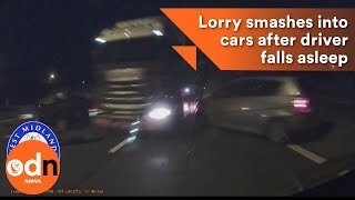 Lorry smashes into cars after driver falls asleep [upl. by Kall498]