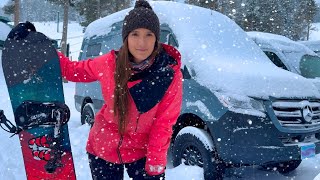 Snow Storm Camping in a Mercedes Sprinter Van at a Ski Resort  Snowboarding Deep Powder [upl. by Noret88]