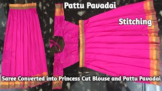 Pattu Pavadai  Pavadai Cutting and Stitching for beginners  Saree Converted into Skirt and Blouse [upl. by Thalassa909]