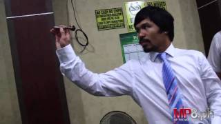 Manny Pacquiao  Tests out New MP Target Darts Line Plays Against Legendary Rod Harrington [upl. by Annayar]