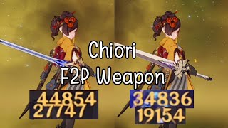 C0 Chiori F2P Weapon Raw Damage Showcase  Cinnabar Spindle R5 vs Harbinger of Dawn R5 [upl. by Eltsirk308]