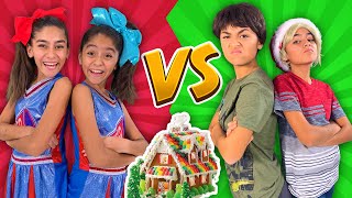 Gingerbread House Decorating Challenge  Girls Vs Boys  Funny Skits  GEM Sisters [upl. by Ahseekat230]