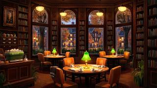 Fall Library Cafe Ambience with Calm Jazz Music amp Rain for Studying Focus amp Relaxation [upl. by Edwyna400]