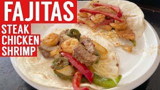 HOW TO MAKE THE BEST FAJITAS ON THE 36” BLACKSTONE GRIDDLE  STEAK CHICKEN AND SHRIMP [upl. by Enalahs]