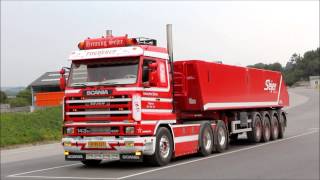 Henning Sejer Pedersen Aps  Scania 143H 420 straight pipe with tiptrailer passed by [upl. by Araem]