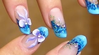 3D bow Nail Art on blue marble effect nails VIDEO TUTORIAL [upl. by Aihsemak423]