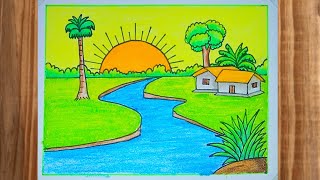 How to Draw Scenery With Oil Pastel Easy  Prakritik Drishya Drawing Colour Easy [upl. by Obara]