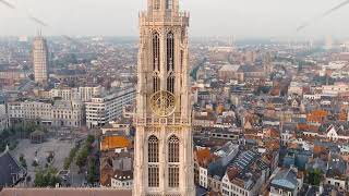 Dolly zoom Antwerp Belgium Spire with the clock of the Cathedral of Our Lady Antwerp City A [upl. by Arhat755]