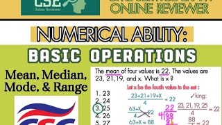 CIVIL SERVICE EXAM  Numerical Basic Operations Mean Median Mode amp Range  CSE Online Reviewer [upl. by Sammer310]