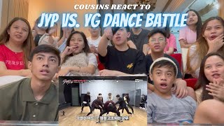 COUSINS REACT TO JYP vs YG Battle DANCE STRAY KIDS VS YG TRAINEES [upl. by Eirrot]