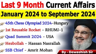 Last 9 Months Current Affairs 2024  January 2024 To September 2024  Important Current Affairs 2024 [upl. by Namra]