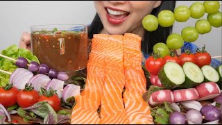 GIANT SALMON SASHIMI  FRESH VEGGIE PLATTER ASMR EATING SOUNDS NO TALKING  SASASMR [upl. by Laforge]