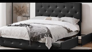 YAHEETECH UPHOLSTERED BED FRAME WITH HEADBOARD and STORAGE DRAWERS ASSEMBLY AND REVIEW [upl. by Aili]