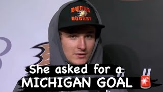 Trevor Zegras post game interview 🔥 MICHIGAN LACROSSE style goal [upl. by Iroak]